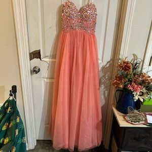 Pink strapless jeweled prom dress
